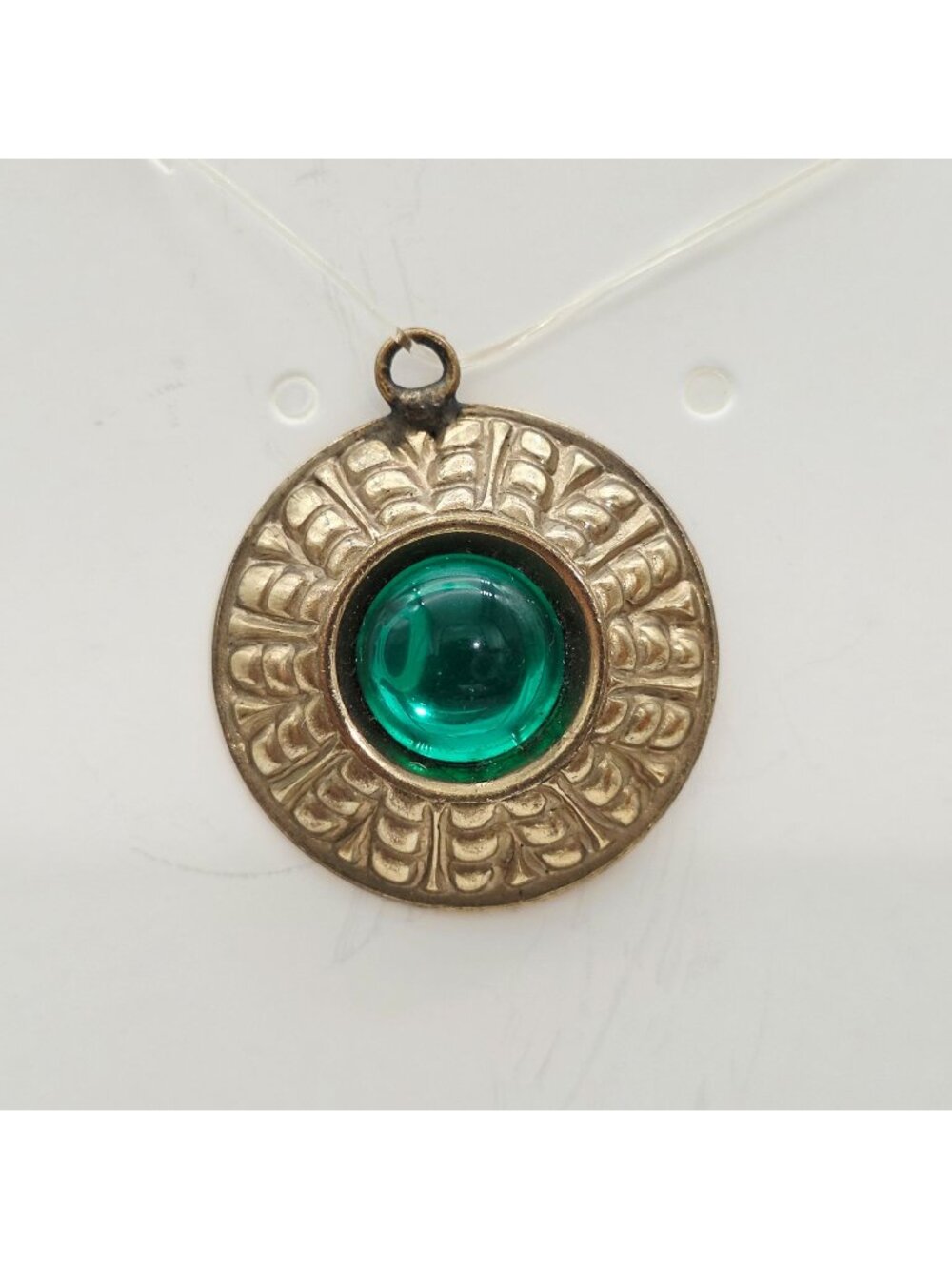 Gold Tone Pendant Green Glass Cabochon Center Round Shape Ornate Design 7/8"